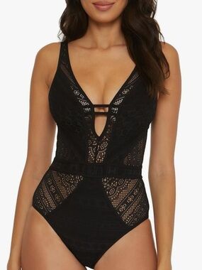 NWT BECCA Classic Color Play Crochet Plunge One-Piece SZ: M